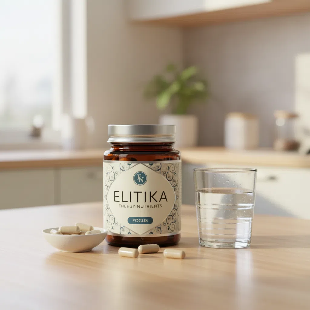 Elitika Energy Nutrients -purkki vaalealla keittiöpöydällä vesiltasin ja aamiaislautasen vierellä